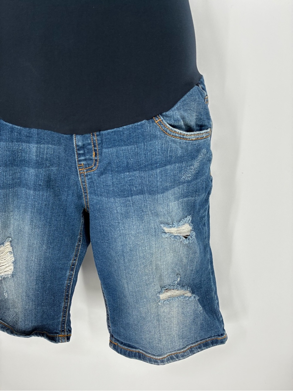 Indigo Blue Distressed Denim Bermuda Maternity Shorts Size M Full Belly Panel - Picture 3 of 9